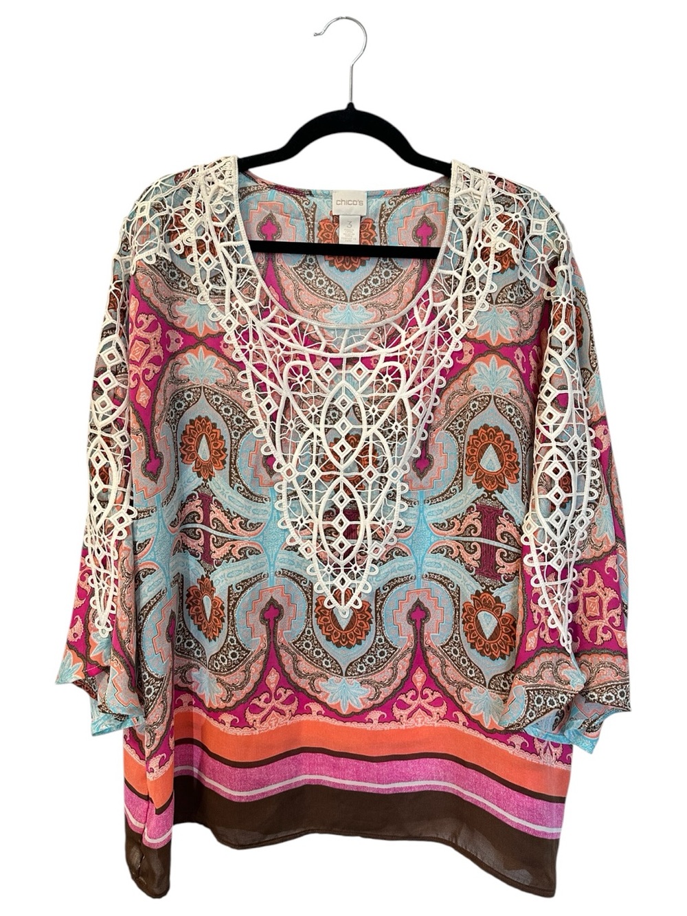 Chicos Safari Chic Crochet Trim 3/4 Sleeve Pullover Boho Top Blouse SZ 3 (XL)
